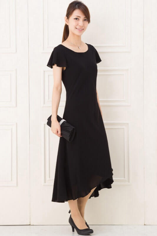 袖あり黒シフォンミディアムドレスのサムネイル画像