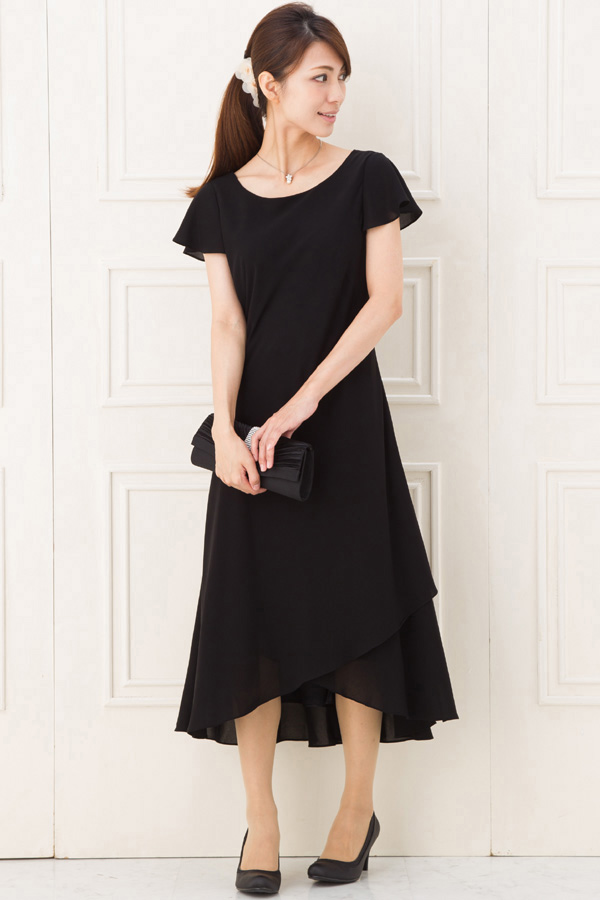 袖あり黒シフォンミディアムドレスの商品画像2