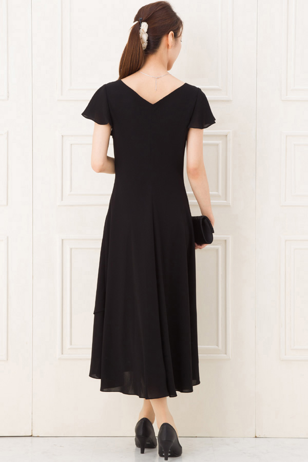 袖あり黒シフォンミディアムドレスの商品画像3