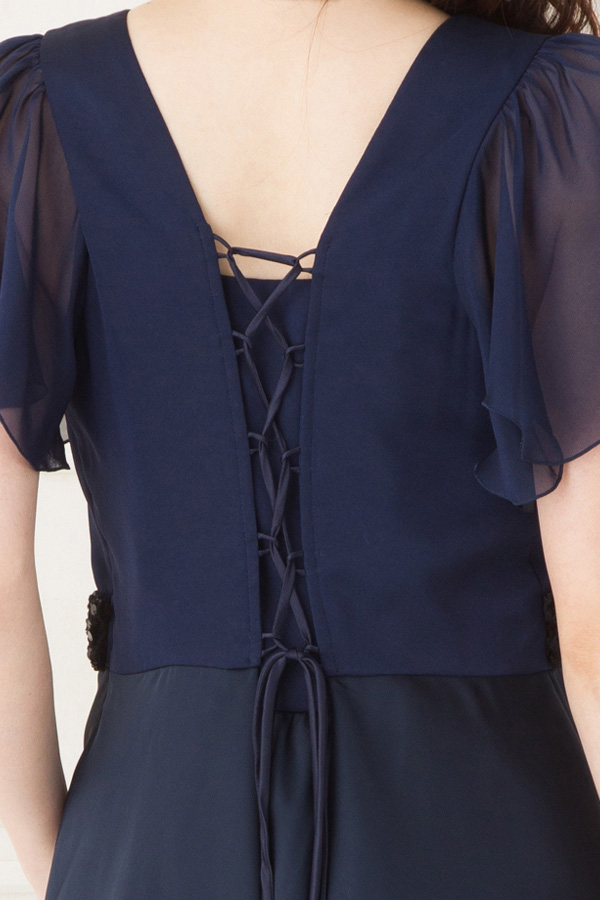 袖ありウエストスパンコール飾りの濃紺ジョーゼットミニドレスの商品画像6