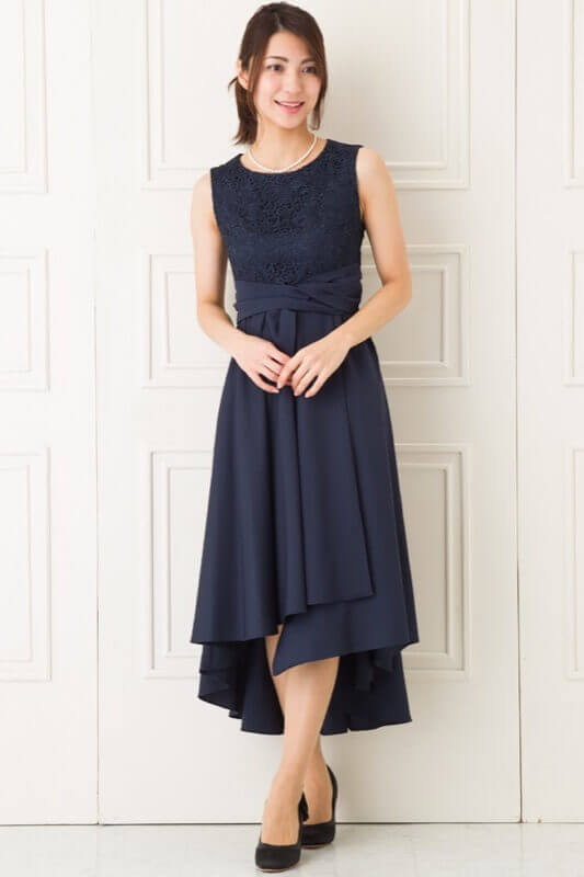 ウエストリボンモチーフのネイビーミディアムドレスのサムネイル画像