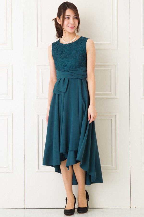 ウエストリボンモチーフのグリーンミディアムドレスの商品画像1