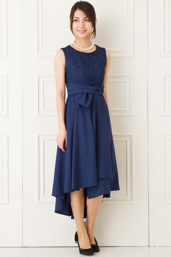 ウエストリボンモチーフのネイビーブルーミディアムドレスの商品画像1