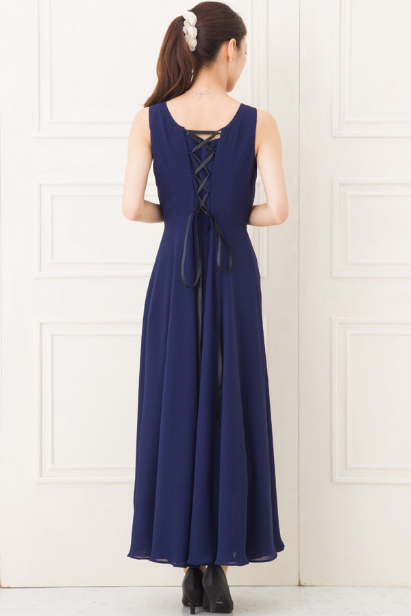 ビーズ飾りのネイビーシフォンミディアムドレスの商品画像3
