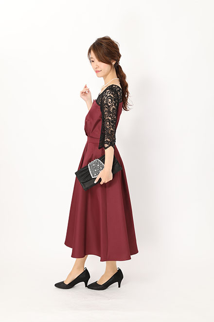 ワインレッドの袖付きビスチェ風ロングドレスの商品画像3