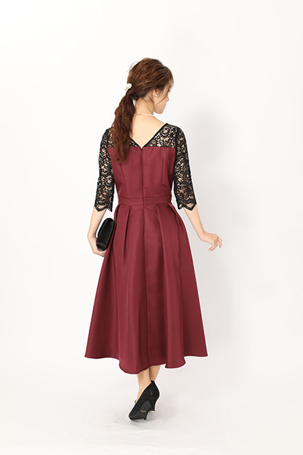 ワインレッドの袖付きビスチェ風ロングドレスの商品画像4