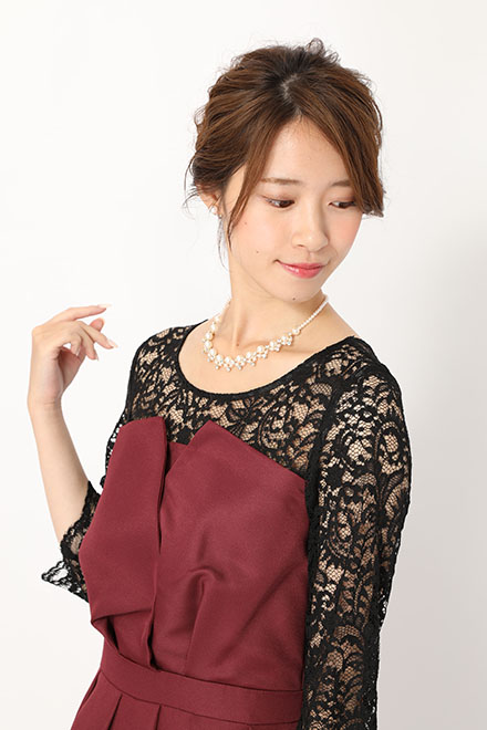 ワインレッドの袖付きビスチェ風ロングドレスの商品画像5