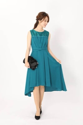 [L]グリーンのウエストリボン切り替えドレス