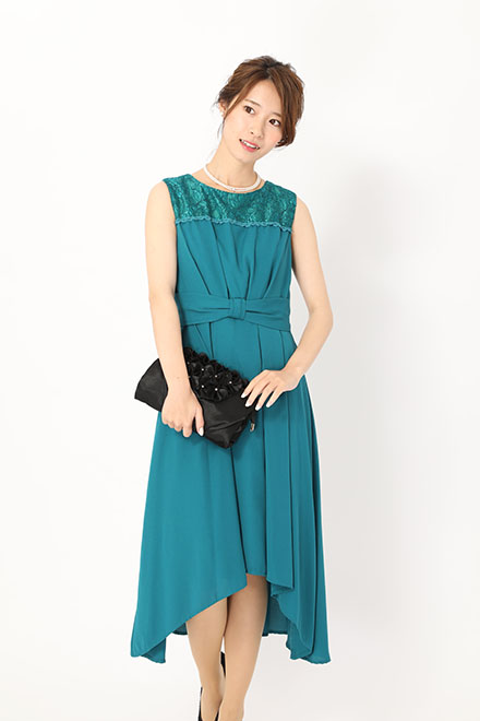グリーンのウエストリボン切り替えドレスの商品画像2