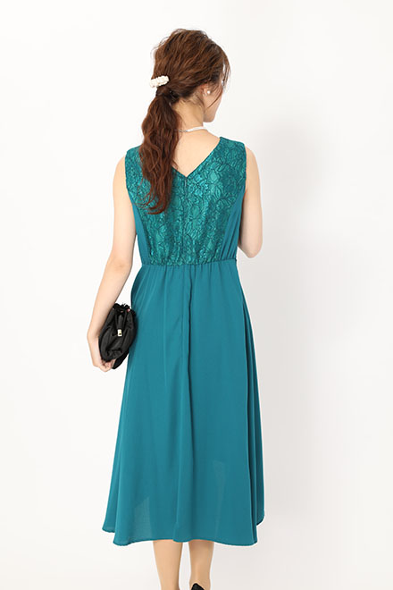 グリーンのウエストリボン切り替えドレスの商品画像4