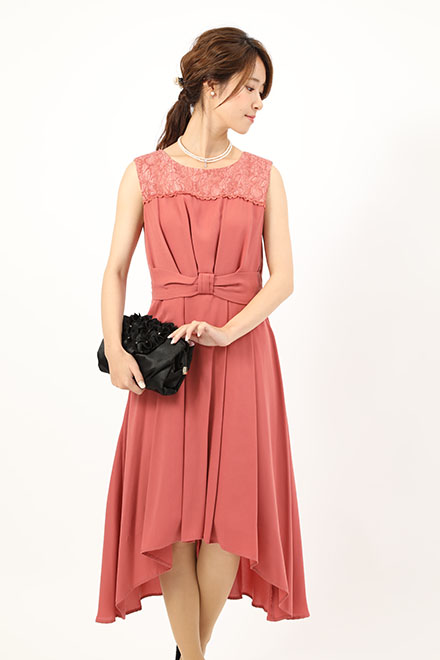 コーラルピンクのウエストリボン切り替えドレスの商品画像2