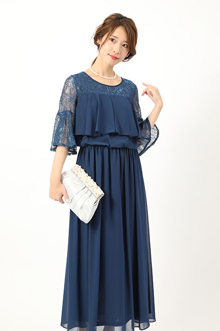ブルーのレース袖ロングドレスの商品画像2
