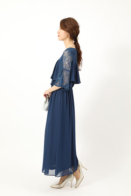 ブルーのレース袖ロングドレスの商品画像3