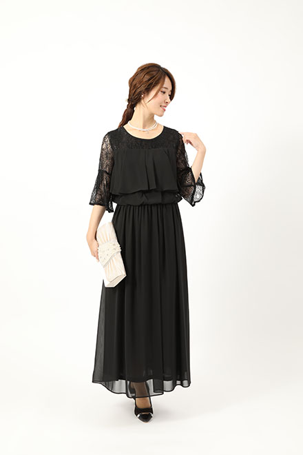 黒のレース袖ロングドレスの商品画像1