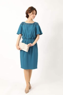[L]グリーンのフレアスリーブタイトスカートドレス
