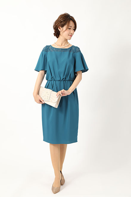 グリーンのフレアスリーブタイトスカートドレスの商品画像1