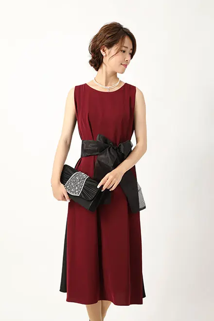 ワインレッドバイカラーシンプルロングドレス Ashill M 結婚式パーティーのレンタルドレスはリリアージュ