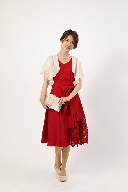 赤のウエストリボン付きアシンメトリーレースドレスの商品画像5