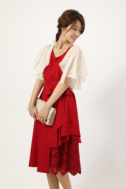 赤のウエストリボン付きアシンメトリーレースドレスの商品画像6