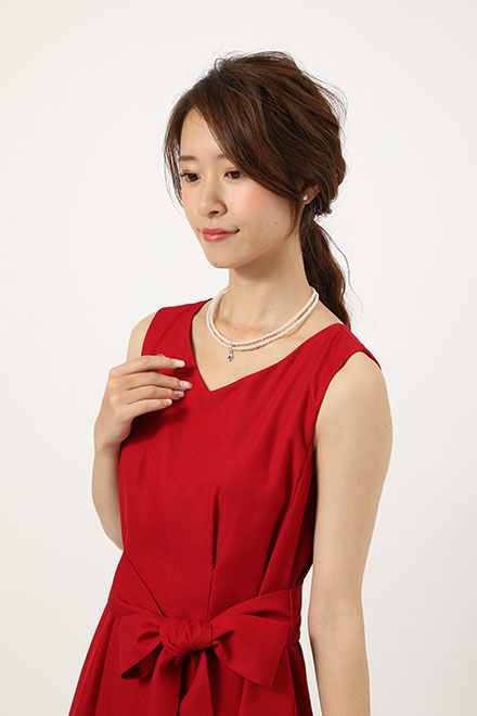 赤のウエストリボン付きアシンメトリーレースドレスの商品画像8