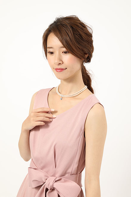 ピンクのウエストリボン付きアシンメトリーレースドレスの商品画像8