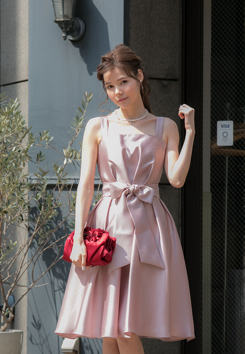 ピンクの半袖レーストップス付きフレアドレスの商品画像5