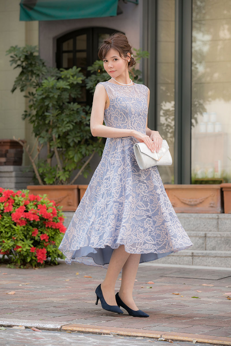 スモーキーブルー×ピンクの花柄レースドレスの商品画像4