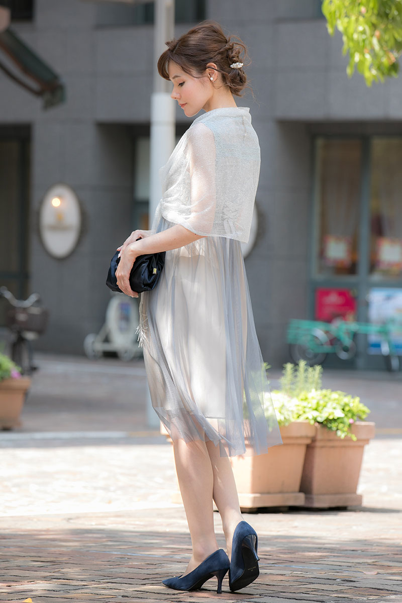 ブルーグレー×ベージュのチュールスカートドレスの商品画像3