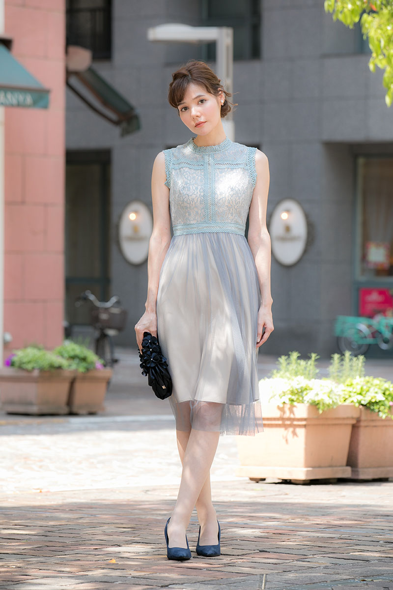 ブルーグレー×ベージュのチュールスカートドレスの商品画像4