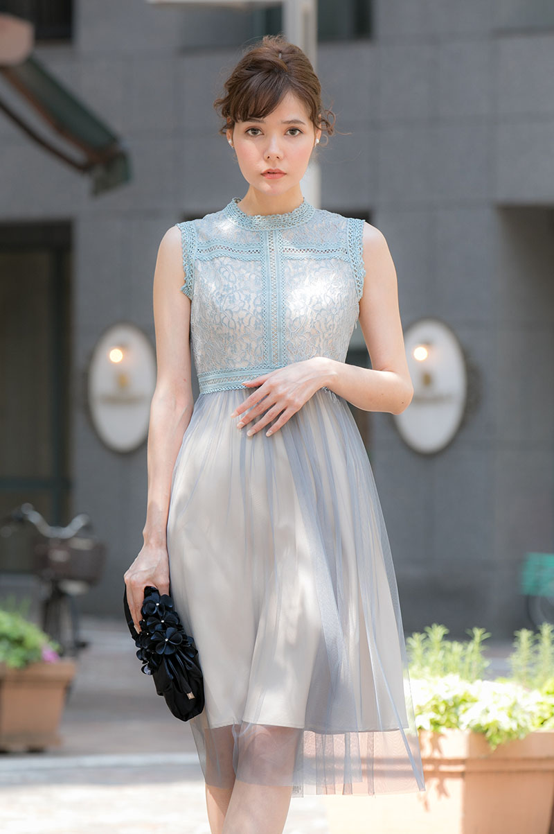 ブルーグレー×ベージュのチュールスカートドレスの商品画像5