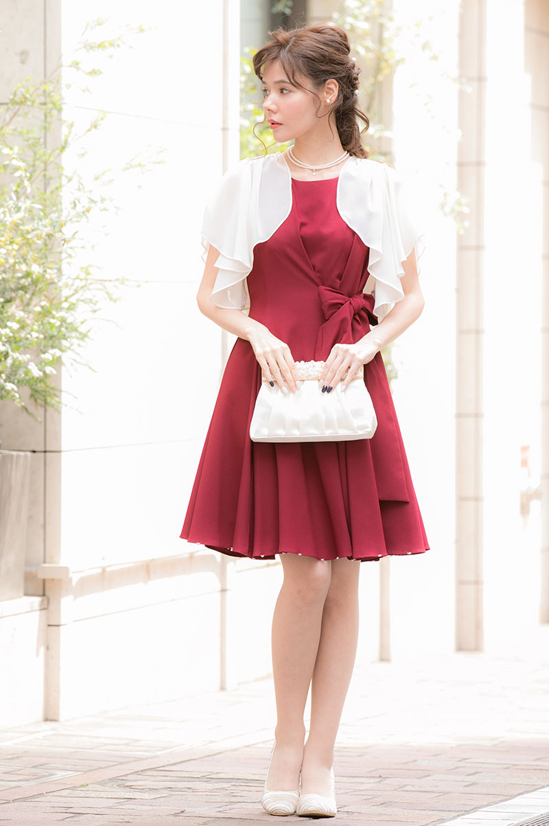 ワインレッドのサイドリボンドレスの商品画像1