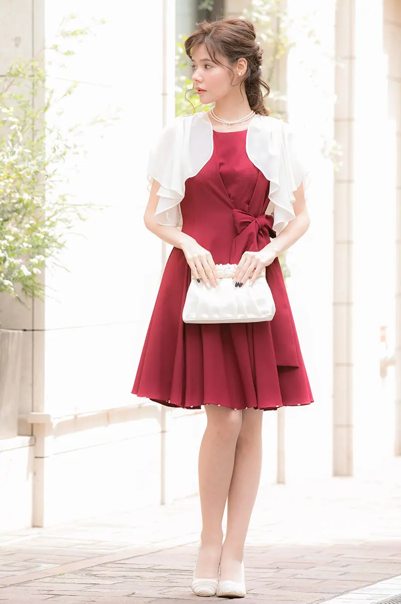 ワインレッドのサイドリボンドレス Dorry doll M 結婚式パーティーのレンタルドレスはリリアージュ