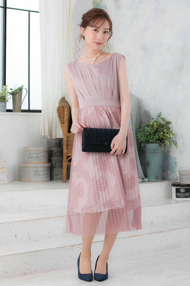ピンクのチュールプリーツドレスの商品画像1