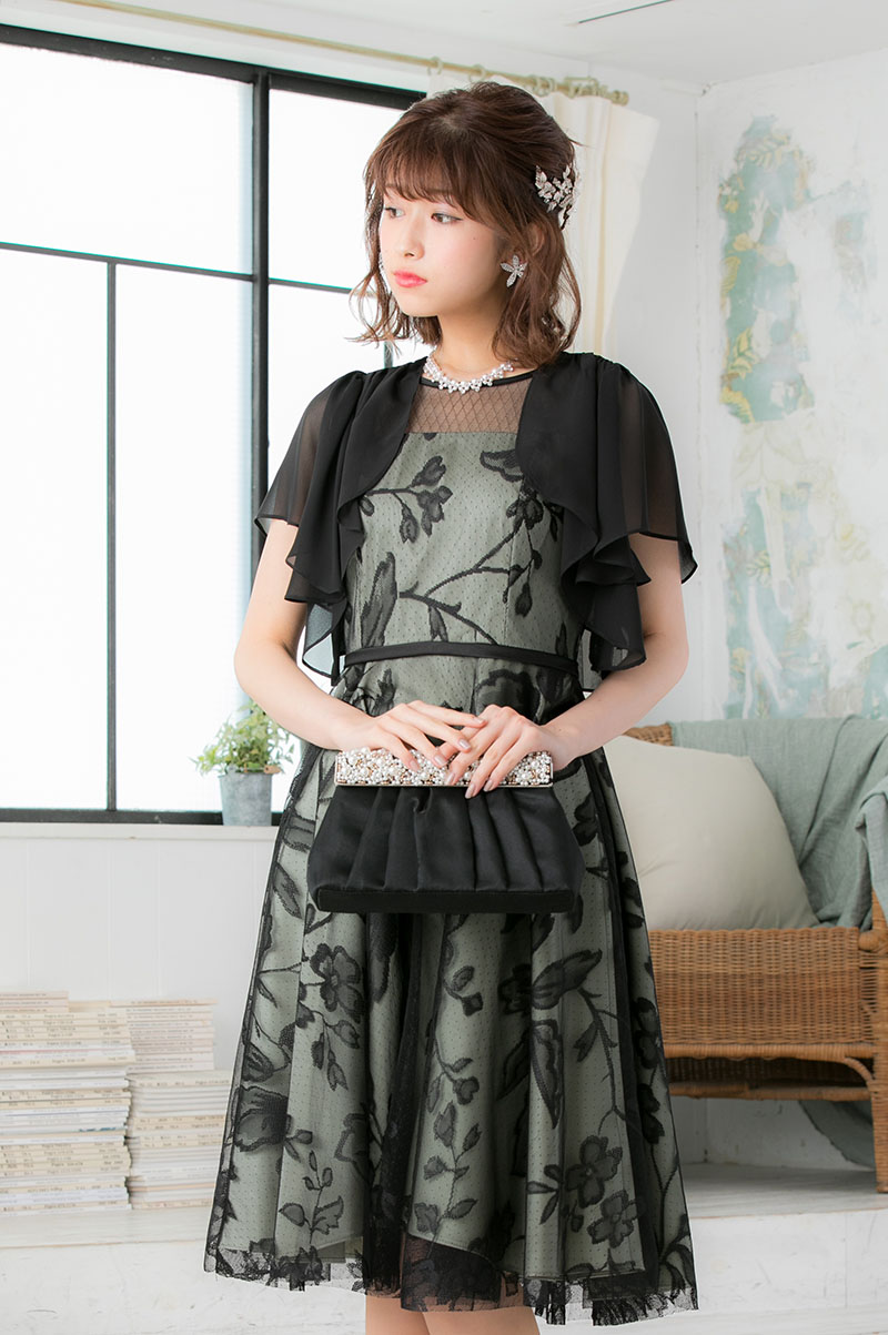 黒×ミントグリーンのフラワードットチュールドレスの商品画像7
