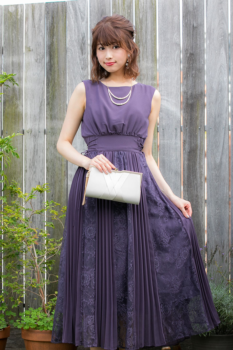 パープルのサイド編み上げレース×プリーツドレスの商品画像2