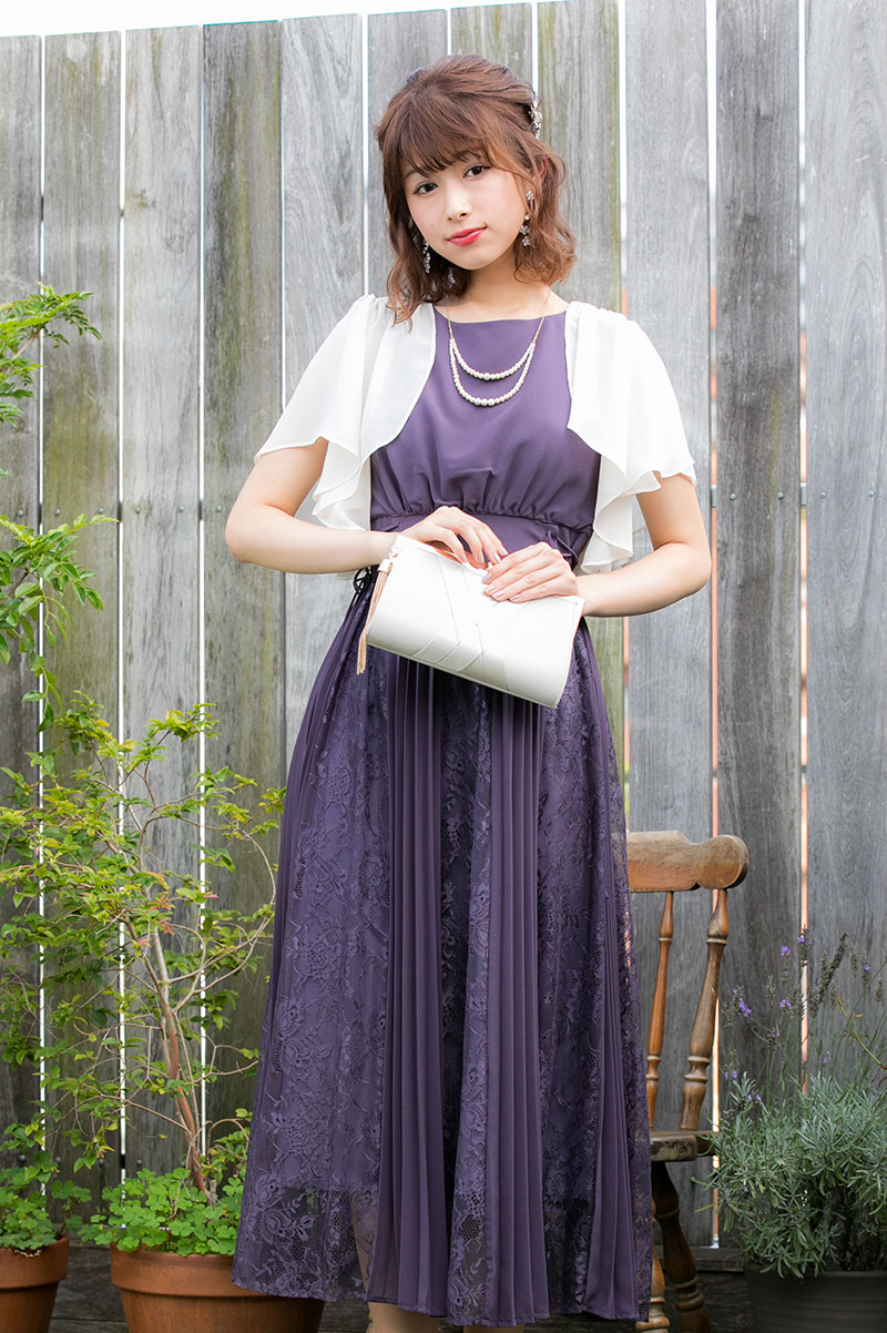 パープルのサイド編み上げレース×プリーツドレスの商品画像7