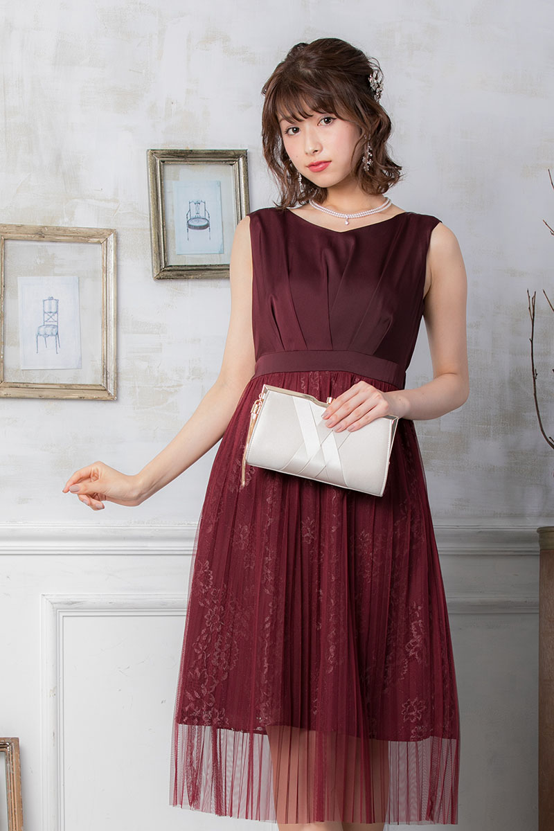 ワインレッドのチュールプリーツドレスの商品画像2