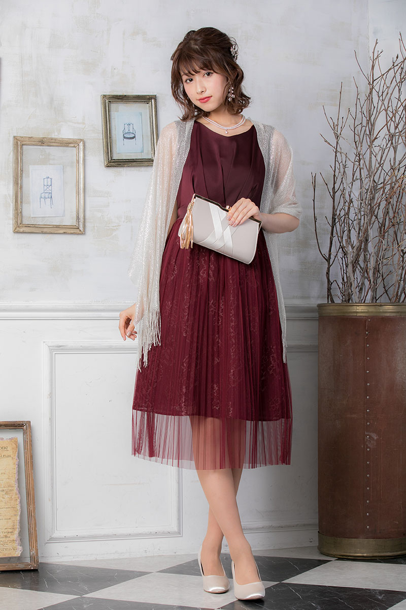 ワインレッドのチュールプリーツドレスの商品画像6