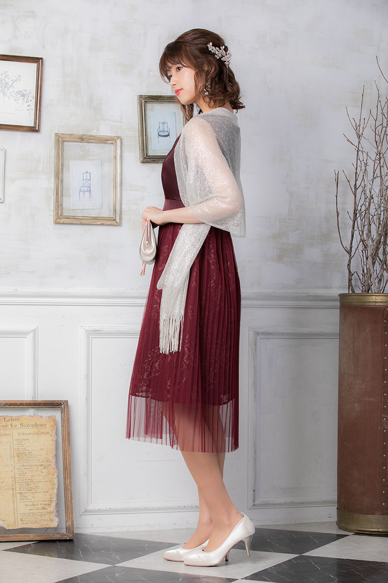 ワインレッドのチュールプリーツドレスの商品画像8
