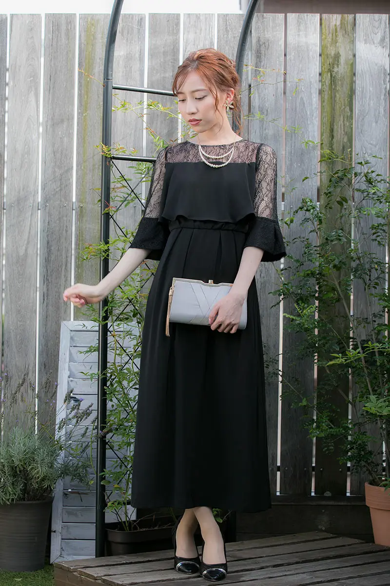 黒のレース袖iラインドレス Dorry Doll M 結婚式パーティーのレンタルドレスはリリアージュ