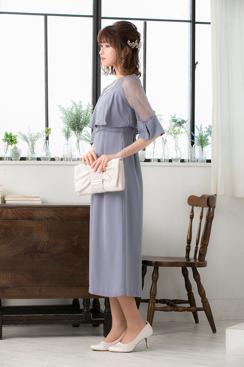 スモーキーブルーのレース袖Iラインドレスの商品画像3