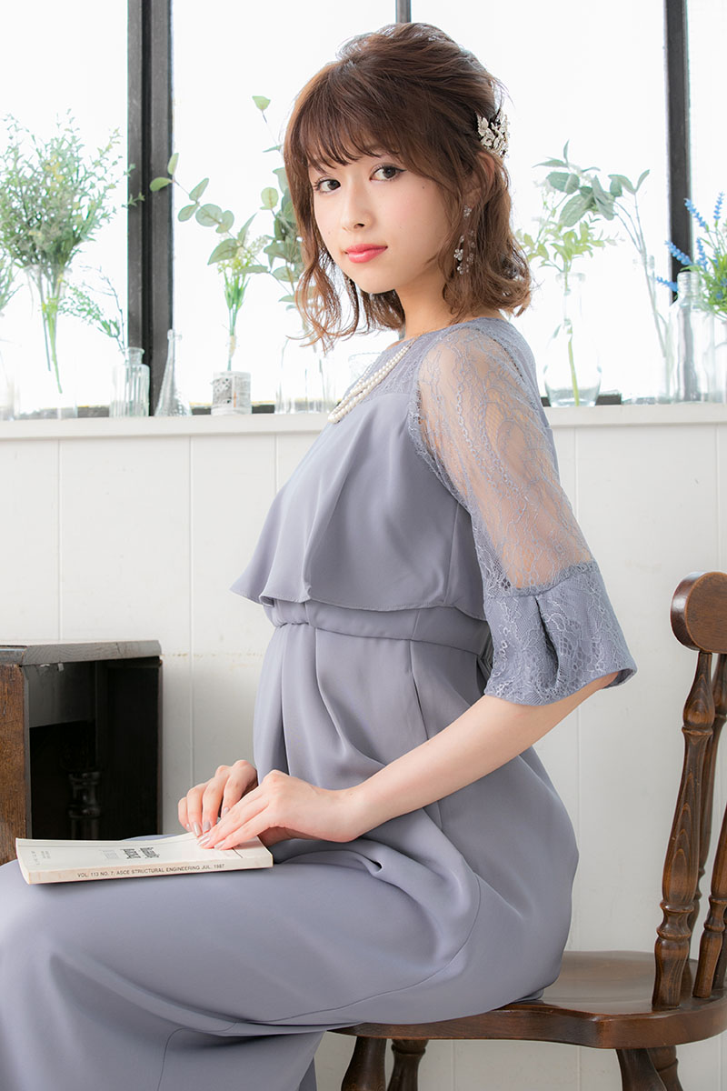 スモーキーブルーのレース袖Iラインドレスの商品画像6