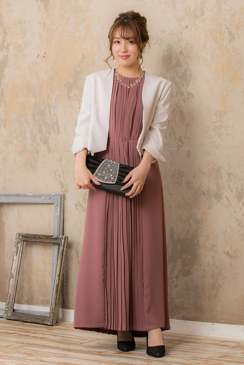 プラムピンクのIラインプリーツドレスの商品画像6