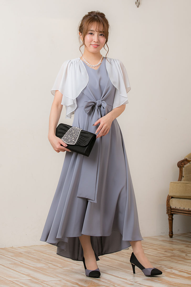 ブルーグレーのクロスベルト付きバックプリーツドレスの商品画像6