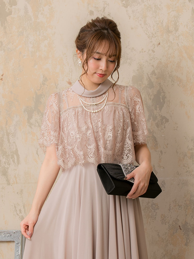ピンクベージュのロールカラー袖付きドレスの商品画像2