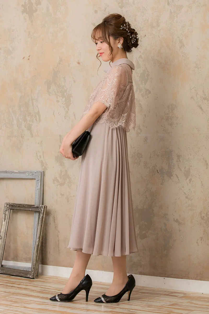 ピンクベージュのロールカラー袖付きドレス Dorry Doll M 結婚式パーティーのレンタルドレスはリリアージュ ピンクベージュのロールカラー袖付きドレス Dorry Doll M 結婚式パーティーのレンタルドレスはリリアージュ