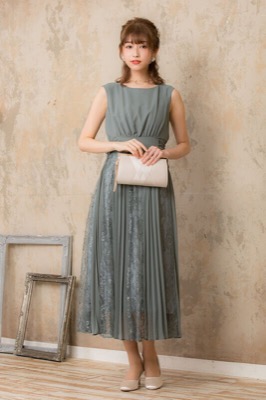 ミントグリーンのサイド編み上げレース×プリーツドレスのサムネイル画像