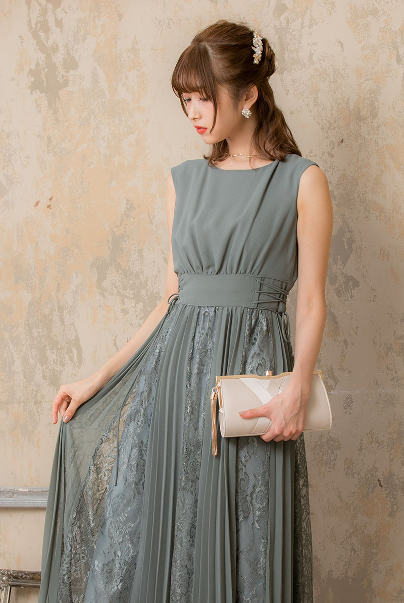 ミントグリーンのサイド編み上げレース×プリーツドレスの商品画像2