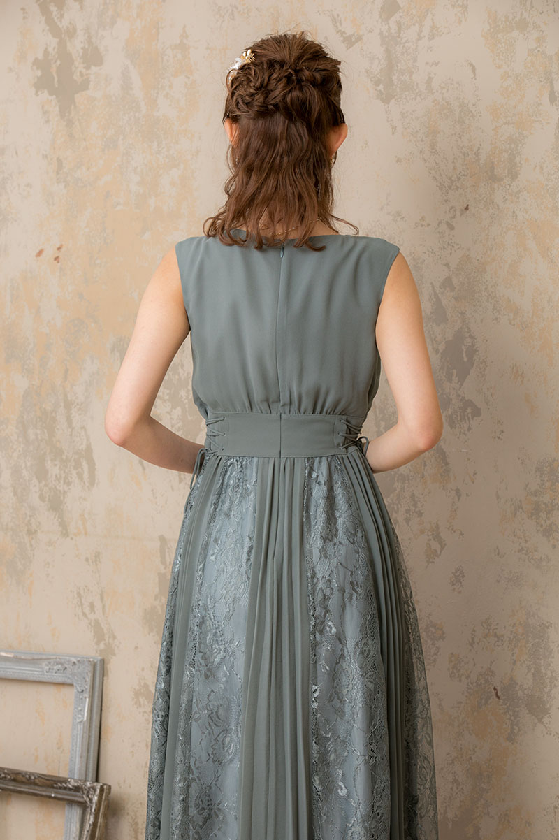 ミントグリーンのサイド編み上げレース×プリーツドレスの商品画像4