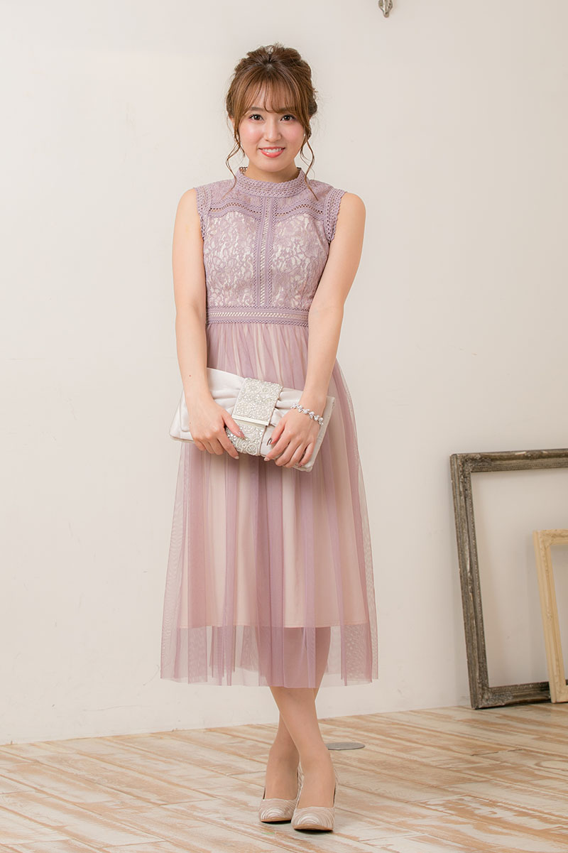 ピンク×ベージュのチュールスカートドレスの商品画像1